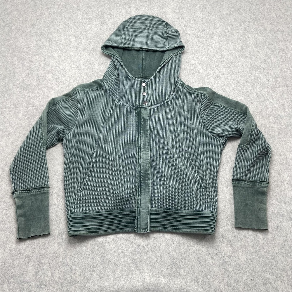 Dear John Jacket Womens Small Green Waffle Knit Hooded Zip Thermal Casual Layer